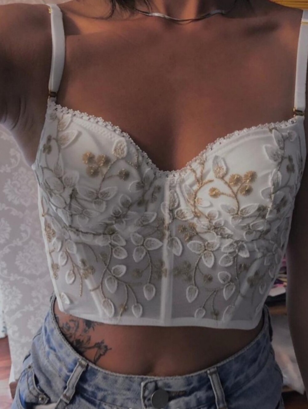 Commense Corset Top NWT Size M White Gold Semi Sheer Floral Mesh Lace Cropped